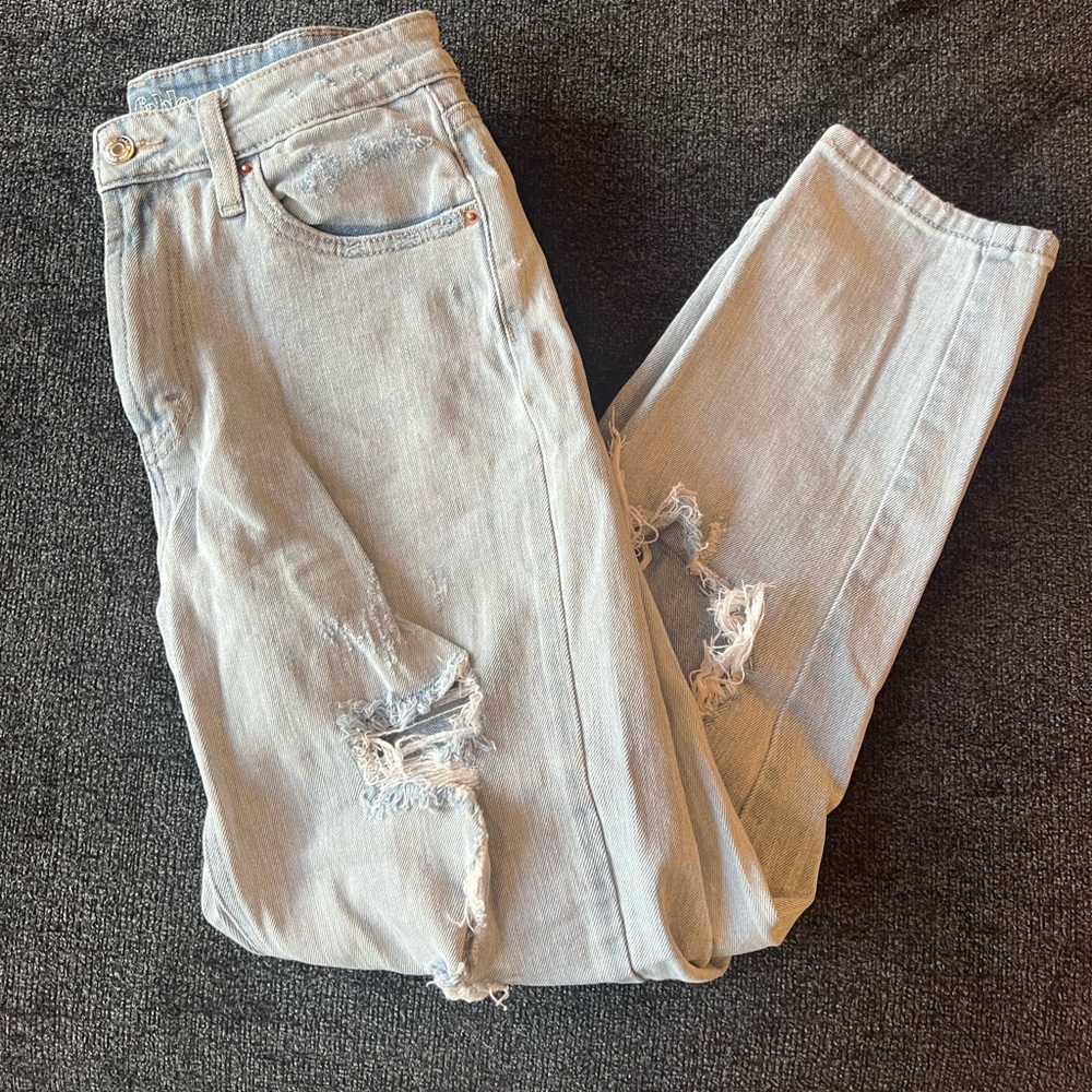 light wash distressed high rise mom jean